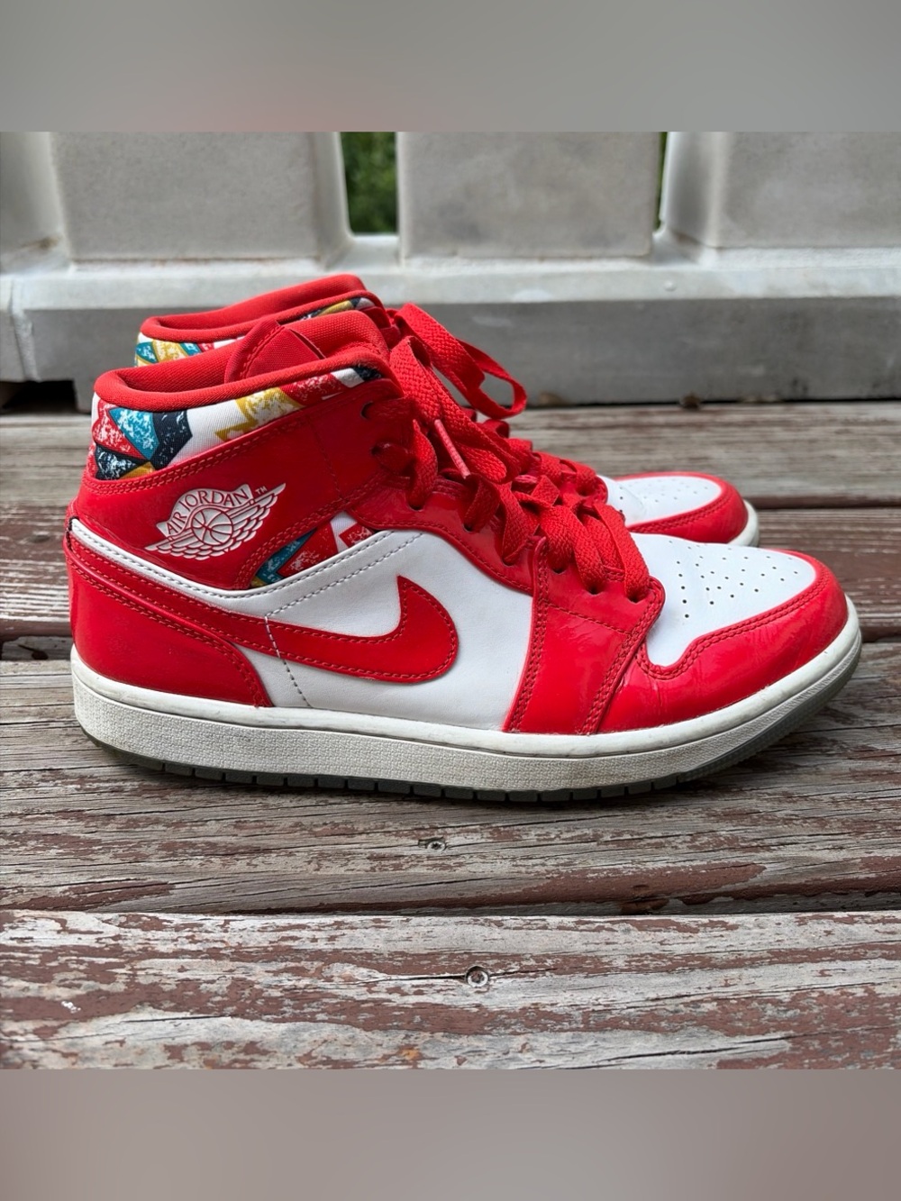 Jordan Red and White High-Top Sneakers with Colorful Collar